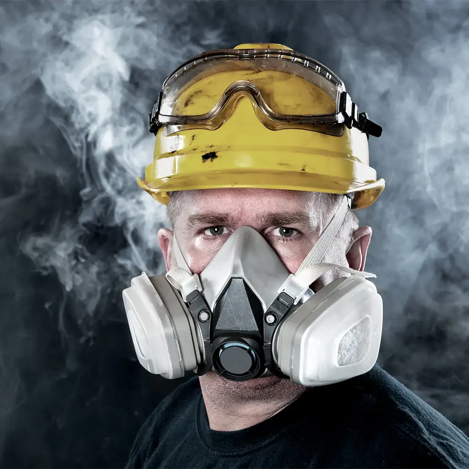 Ein Mann trägt eine Gasmaske für den Atemschutz und einen Schutzhelm, um ihn herum ist Rauch.